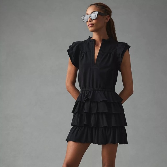 Sundays ruffle tiered mini dress short sleeve vneck June flutter cotton - Picture 1 of 12